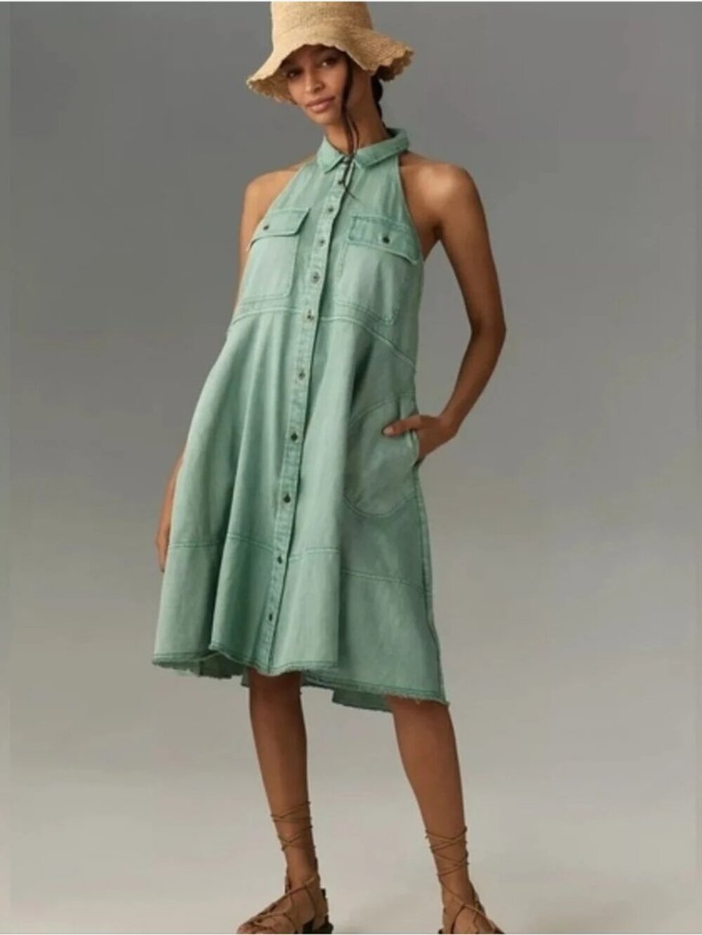 ANTHROPOLOGIE PILCRO Sleeveless Halter Swing Midi Dress Sz M Mint Green
